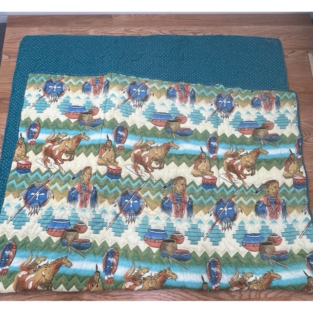 Vintage Handmade Quillow- Quilt that folds into a Pillow- Southwest Theme 41x69